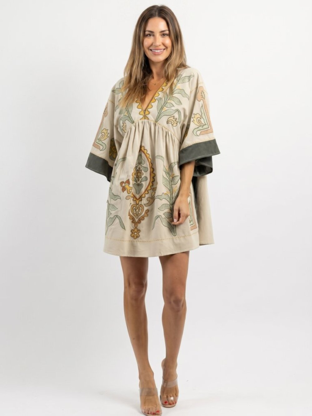 Women's Vintage Embroidered Babydoll Dress Oversized V Neck Boho Tunic Mini - Picture 4 of 8